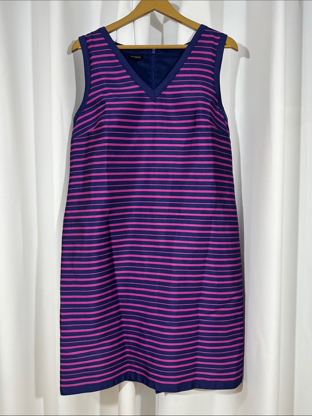 Talbots Pink Navy Striped Silk Blend Sleeveless Shift Dress Approximate Size 14